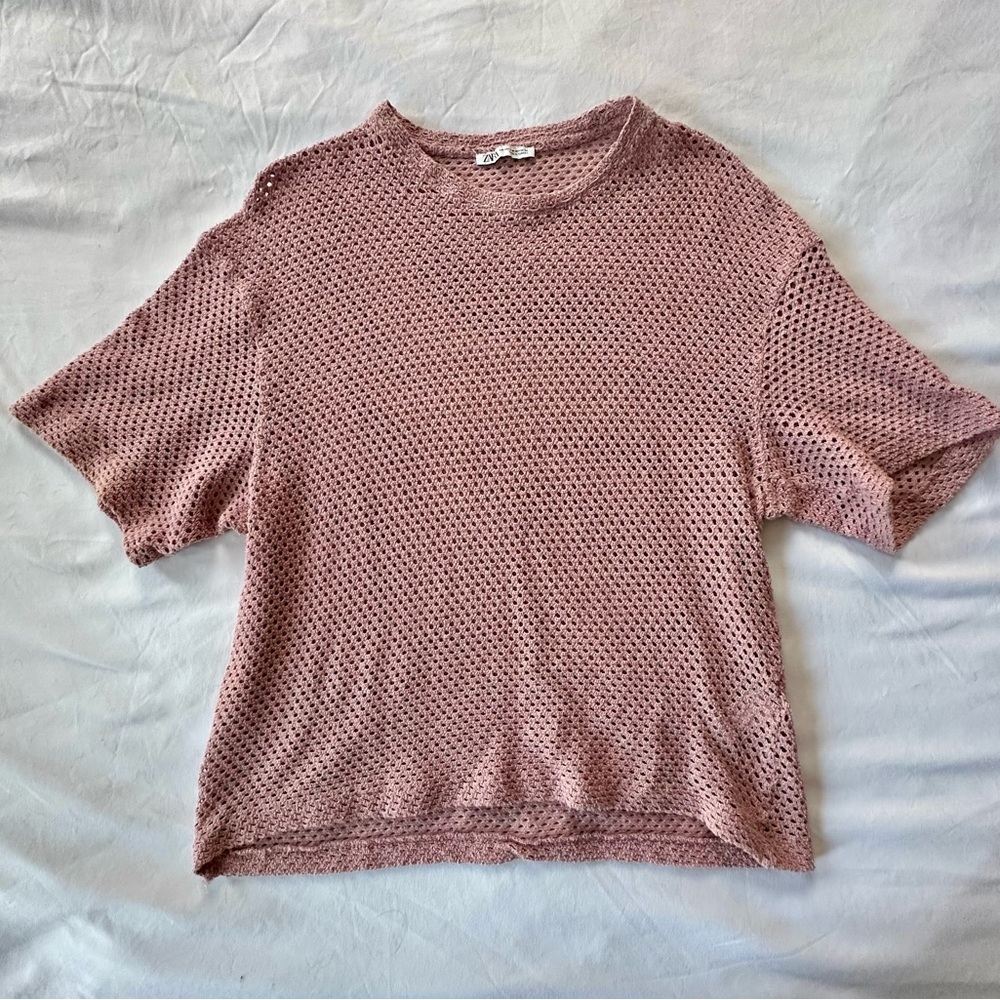 Zara Dusty Pink Mesh Short Sleeve Top
